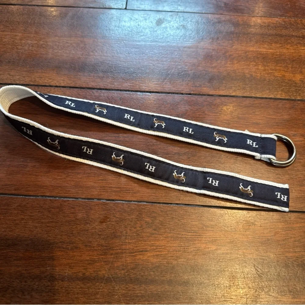 Ralph Lauren Boys Double Ring Belt Canvas Ribbon Dogs Navy White Fits 18 Months